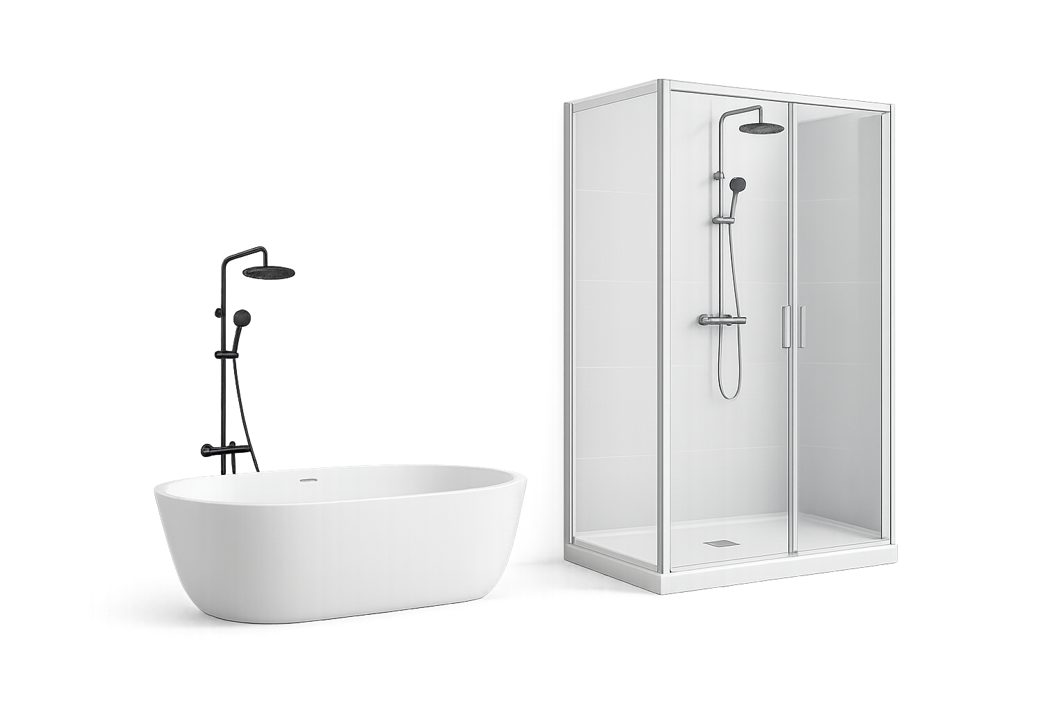 Bañera blanca junto a una cabina de ducha de cristal para representar el cambio de bañera por plato de ducha