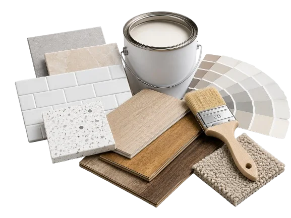 Imagen para la categoría Materiales de ZonaReformas, con muestras de azulejos, madera, pintura, brocha y acabados para reformas.