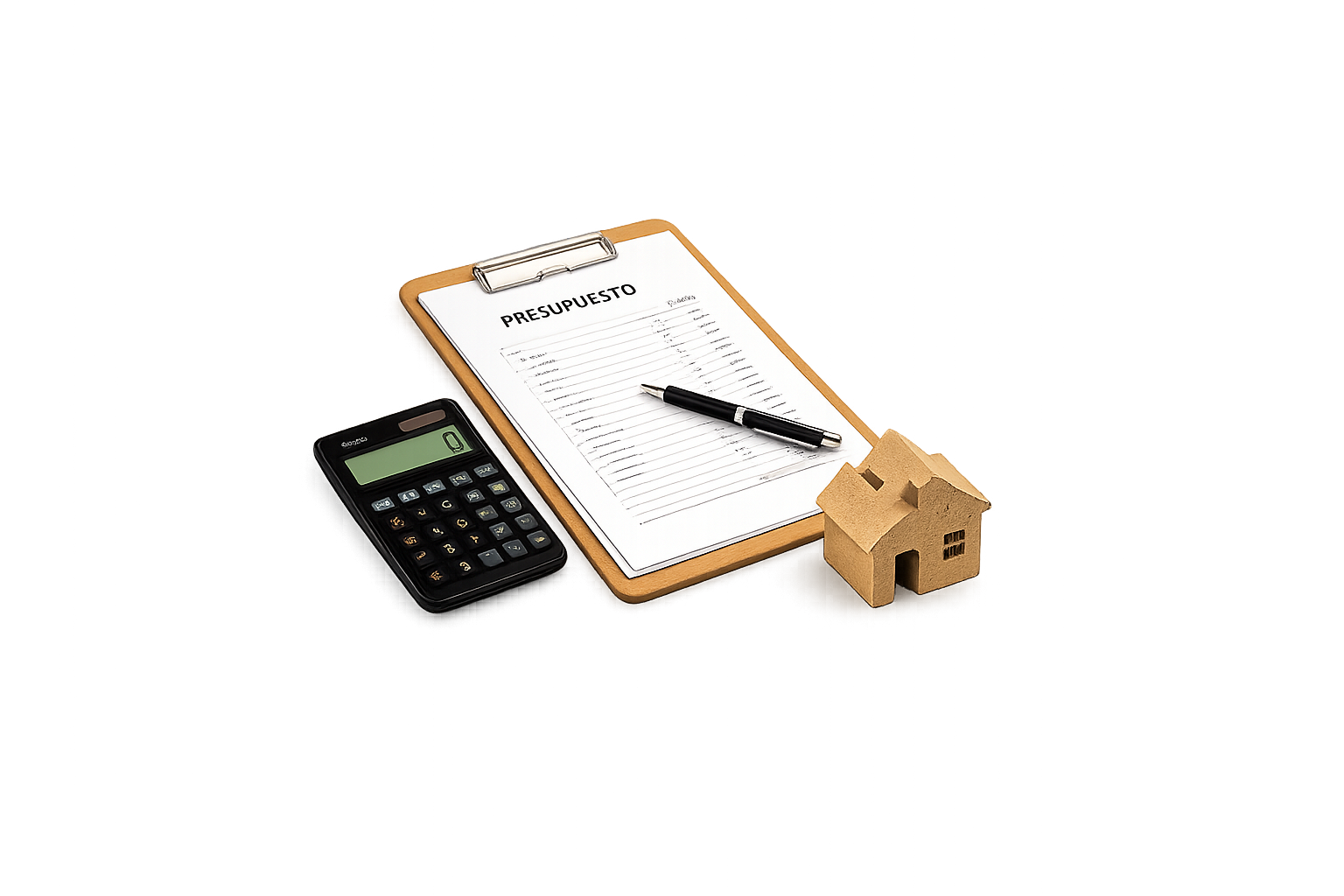 Presupuesto de reforma con calculadora, bolígrafo y maqueta de casa