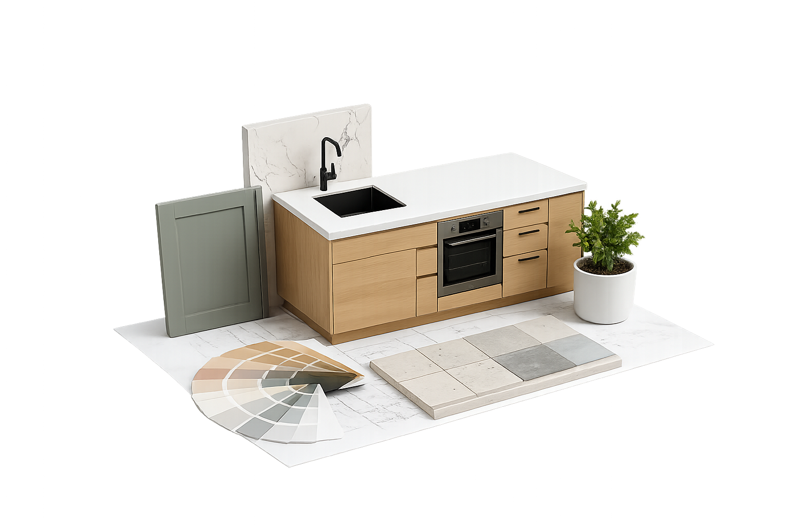 Mueble de cocina con encimera, fregadero, horno, azulejos, muestras de acabados y planta decorativa