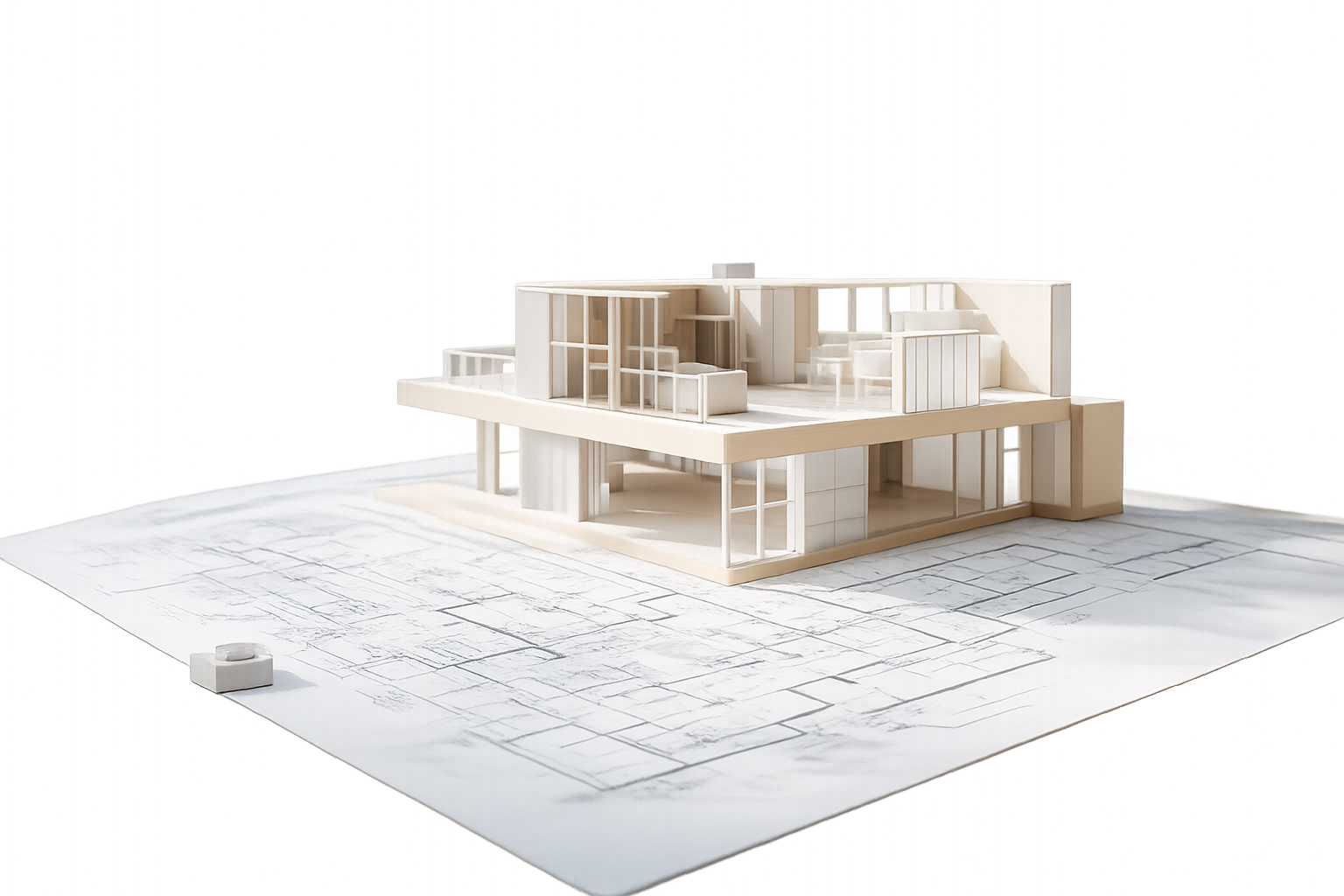 Maqueta arquitectónica de vivienda sobre planos para reformas integrales