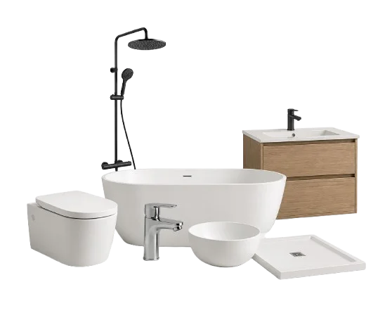 Elementos de baño moderno con ducha, bañera, lavabo, grifo, inodoro y plato de ducha